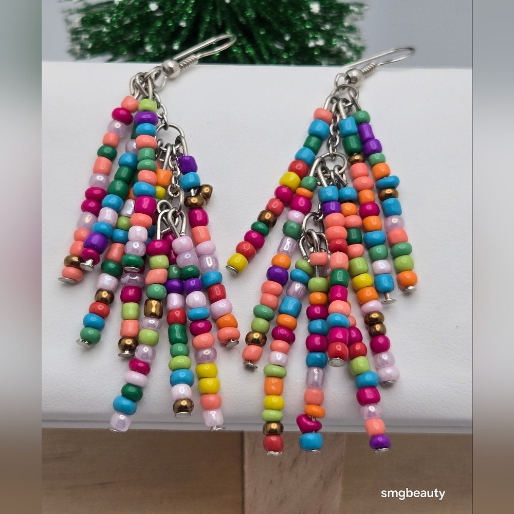 ✨2/$10✨ Handmade Multicolor Seed Bead Tassel Earrings Boho NWOT